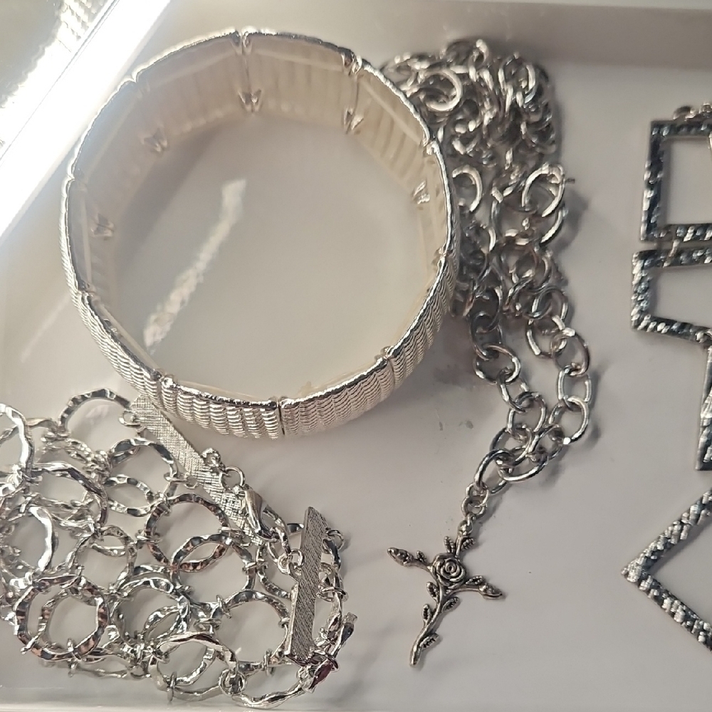 Silver Lot Of Bracelets, Earrings, And Necklaces